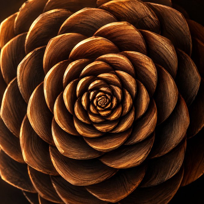 A wooden carved rose with layered petals radiating from the center, symbolizing how BitTorrent's 584M+ installations have grown organically over time into a deeply rooted, naturally layered foundation.