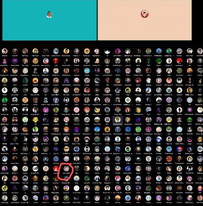 A screenshot of a large virtual community call, likely on X (Twitter) Spaces or a similar platform, showing a grid of numerous participant avatars and two highlighted speakers at the top against teal and peach backgrounds, with one participant's avatar circled in red. The image reflects a Rialo community session, visually representing the large audience engaging with the co-founder's vision for a more secure and trusted ecosystem.