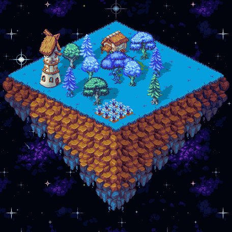 The image features a beautiful landscape of a water island situated among stars, with trees, buildings, and a silo present. The island has been crafted from different materials such as wood, stone, and plastic, creating an interesting mix of colors throughout. The sky above is dark blue, adding to the overall atmosphere of the scene. A small hut can be seen within this space, providing a glimpse into the island's layout. In addition to this, there are four trees present on the island, further enhancing its natural beauty and uniqueness.