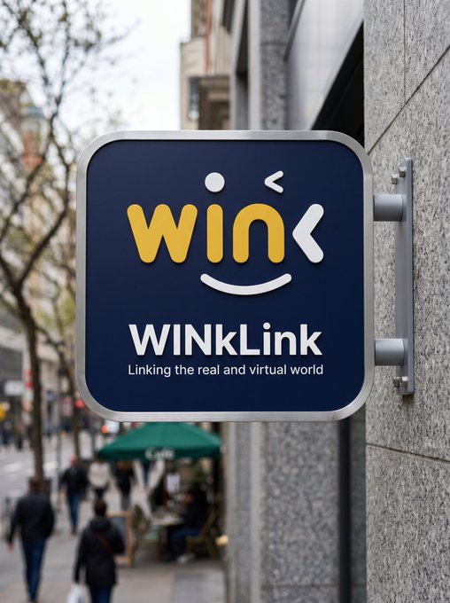 A navy blue sign mounted on a stone building displays "WINKLink" with a smiling winking face logo and the tagline "Linking the real and virtual world," set against a blurred street scene with pedestrians and a café umbrella.

The image visually reinforces the post's reference to @WinkLink_Oracle, showcasing the project's branded signage and its mission of bridging real and virtual worlds through on-chain oracle data.