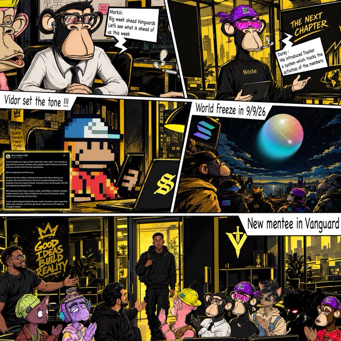 A comic-style image featuring cartoon monkeys and various panels with text including 'Markiii', 'Bōde', 'THE NEXT CHAPTER', 'Vidor set the tone !!!', 'World freeze in 9/9/26', and 'New mentee in Vanguard'.