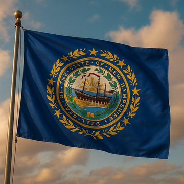 The flag of New Hampshire waves against a cloudy sky, displaying the state seal with "SEAL OF THE STATE OF NEW HAMPSHIRE" and the date "1776." The image relates to the news that New Hampshire has introduced HB639, a bill protecting crypto payments and self-custody wallets from government restrictions.