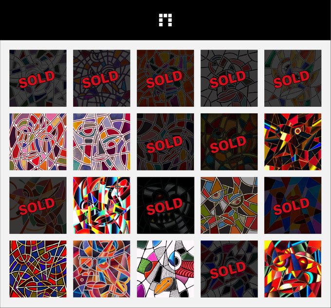 A dark-themed NFT gallery grid displaying 20 colorful abstract and character art tiles, many of which are marked with red 'SOLD' labels.