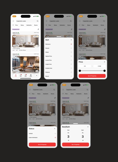 Five iPhone screens display a real estate app called "Copperbolt, Louise" with filter interfaces for sorting (Relevance, Newest, Oldest, Highest/Lowest Price, Largest Area, Smallest Size, Distance, Recent), price ranges, status (Verified, Under Verification), and bed/bath selections, with property listings priced around 5,700,000kr showing property images and "See X Properties" call-to-action buttons.

The image connects to the "touch grass or lock in" caption by showing the modern real estate browsing experience—a popular way for people to "lock in" on housing market options during their downtime.