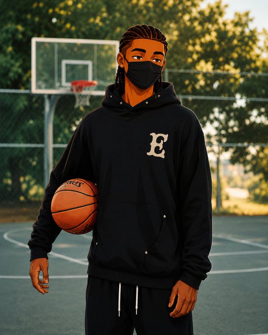 An animated young man in a black hoodie with an 'E' logo and a face mask holds a basketball on an outdoor court.