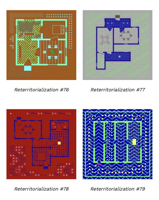 Four pixel-art architectural floor plan diagrams labeled 'Reterritorialization #76' through '#79', each rendered in different color palettes including brown/orange, blue/green, red, and blue/green patterns.