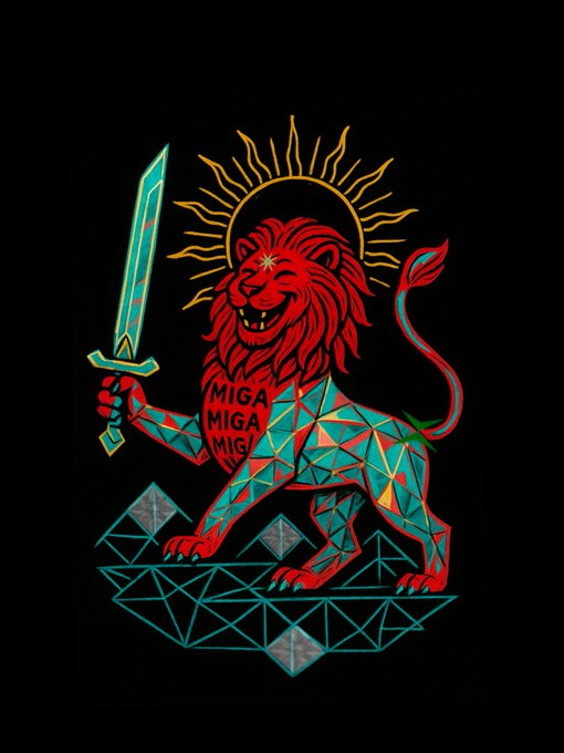 A vibrant neon-style illustration on a black background features a red and teal geometric lion holding a sword, wearing a sun-like halo, with the text 'MIGA MIGA MIGA' on its chest, standing atop triangular pyramids.