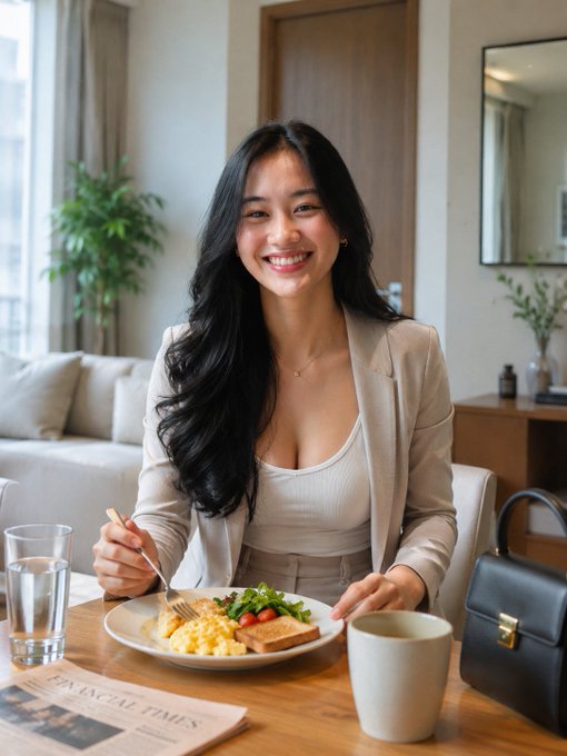The image features a woman sitting at a dining table with a plate of food in front of her. She is smiling as she enjoys her meal, which includes toast, eggs, and vegetables such as broccoli. The table also has a cup on it, possibly containing coffee or tea. A handbag can be seen placed next to the table, indicating that this scene takes place at home. In the background, there are two potted plants adding some greenery to the room. The image is related to the post because it shows a woman enjoying her meal and drinking from a cup while sitting in front of a newspaper or magazine on the dining table.