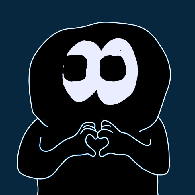 A stylized digital illustration of a hooded figure with glowing eyes making a heart shape with their hands against a dark blue background.