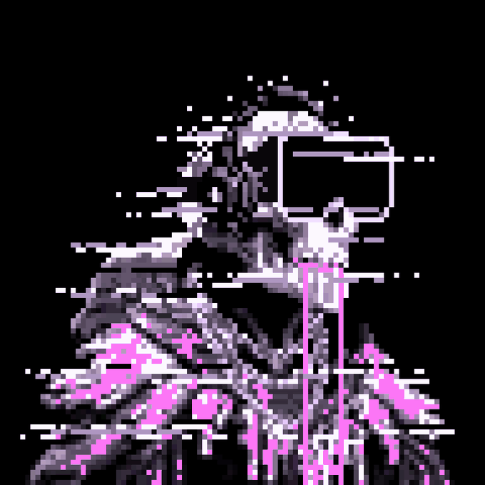 A glitch art style pixelated portrait in black, white, and pink tones showing a person wearing a large white visor or headset.
