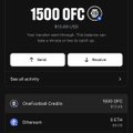 A dark-themed webpage for '1500 OFC' features 'Send' and 'Receive' buttons, along with Unallocated Credits (1500 OFC) and Ethereum (0.25 ETH) options.