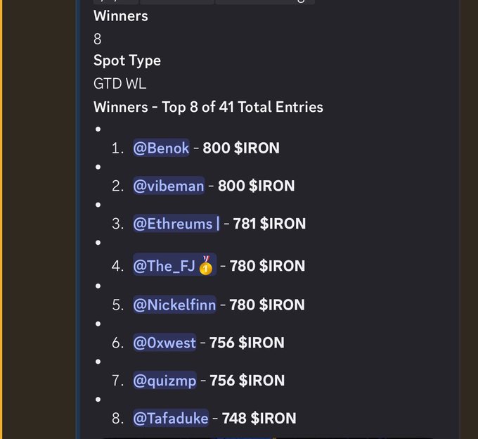 The image shows a Discord competition results screen for an "IronAllies_" giveaway, displaying the Winners - Top 8 of 41 Total Entries with GTD WL spot type. The top winners are @Benok and @vibeman tied at 800 $IRON, followed by @Ethereums (781), @The_FJ (780), @Nickelfinn (780), @0xwest (756), @quizmp (756), and @Tafaduke (748). The post promotes the IronAllies_ community as a source for winning GTD and FCFS spots, with this image serving as proof of successful recent wins.