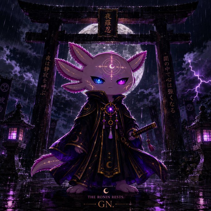 A dark, stylized digital artwork featuring an axolotl-like creature with heterochromatic eyes (blue and purple) wearing a black and gold kimono, standing before a Japanese torii gate under a full moon, with text reading 'THE RONIN RESTS' and 'GN.'
