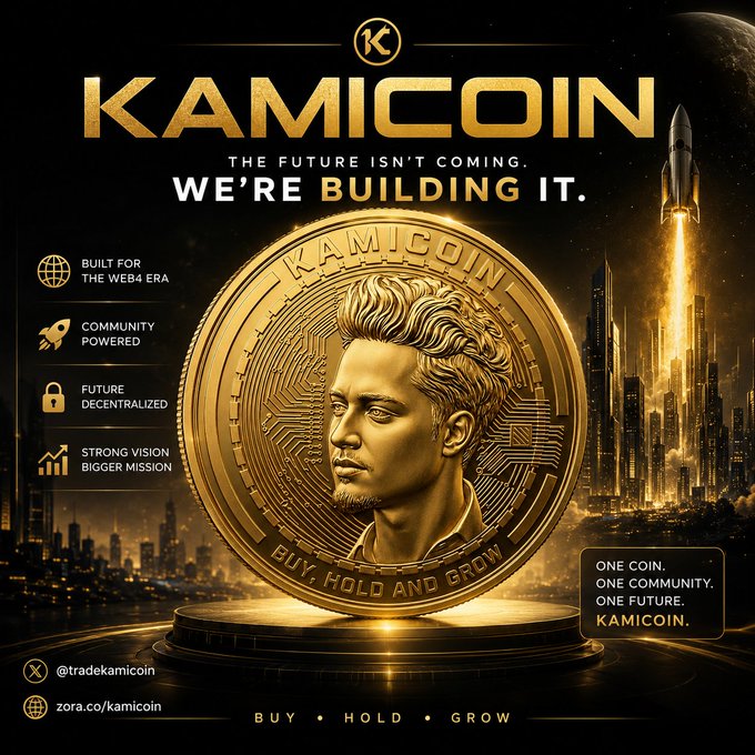 A promotional poster for 'KAMICOIN' featuring a golden coin with a man's portrait, the tagline 'THE FUTURE ISN'T COMING. WE'RE BUILDING IT.', and features including 'BUILT FOR THE WEB4 ERA', 'COMMUNITY POWERED', 'FUTURE DECENTRALIZED', and 'STRONG VISION BIGGER MISSION', with social handle @tradekamicoin.