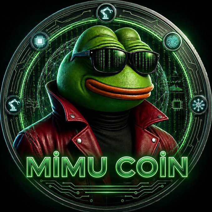The image features a green frog character wearing sunglasses, a red leather jacket, and goggles. The frog appears to be looking at the camera with an expression of interest or curiosity. The background of the image is black, which contrasts with the vibrant colors of the frog's outfit. There are several other elements in the image that contribute to its overall visual appeal, such as the neon green glow surrounding the frog and the text "MIMU Coin" written below it.