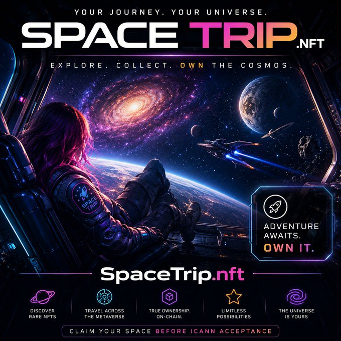 A promotional graphic for 'SPACE TRIP.NFT' featuring an astronaut looking out at a galaxy, with text reading 'YOUR JOURNEY. YOUR UNIVERSE.' and 'EXPLORE. COLLECT. OWN THE COSMOS.'