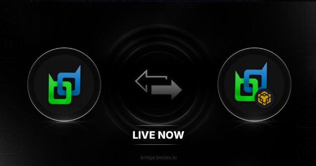 The image promotes a live event between two BeldexCoin-related platforms, featuring circular logos with green and blue designs separated by exchange arrows, with "LIVE NOW" text displayed on a dark background. The visual relates to the post by symbolizing the seamless, built-in nature of Beldex's privacy features—much like an effortless swap, privacy is integrated directly into the network rather than requiring extra steps.