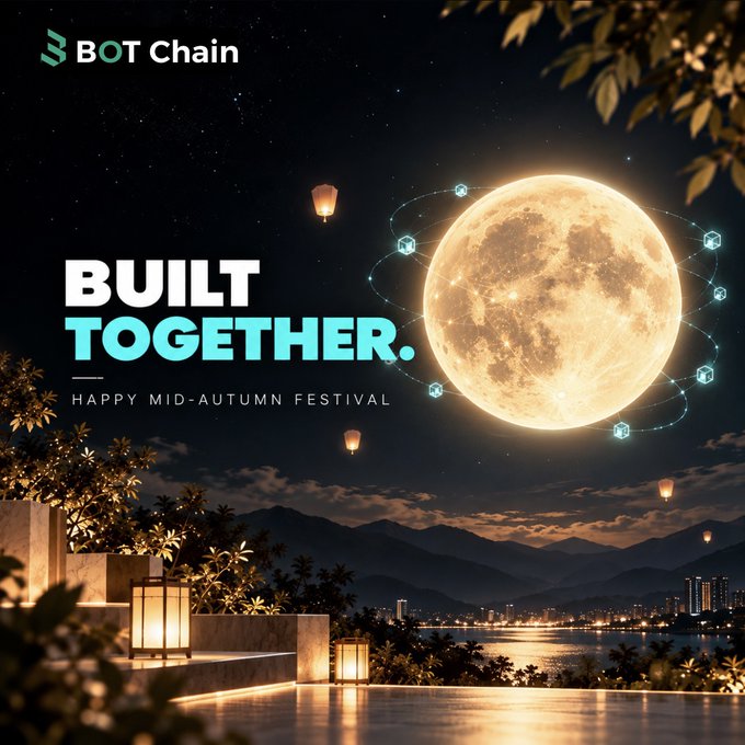 A 'BOT Chain' promotional graphic featuring a large glowing moon, floating lanterns, and the text 'BUILT TOGETHER. HAPPY MID-AUTUMN FESTIVAL' over a nighttime landscape.