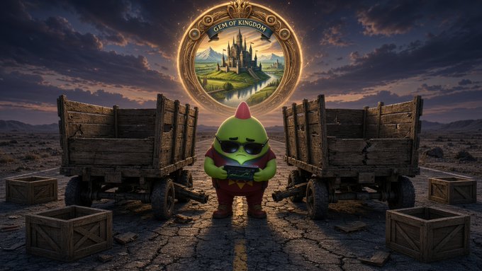 A digital artwork of a small green character wearing sunglasses and a pink mohawk standing between two wooden carts, with a circular 'GEM OF KINGDOM' emblem floating above.