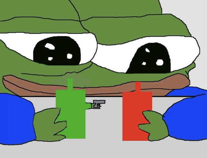 A crudely drawn cartoon Pepe the Frog character wearing sunglasses, holding a green cup and a red cup, with a gun visible on the table.