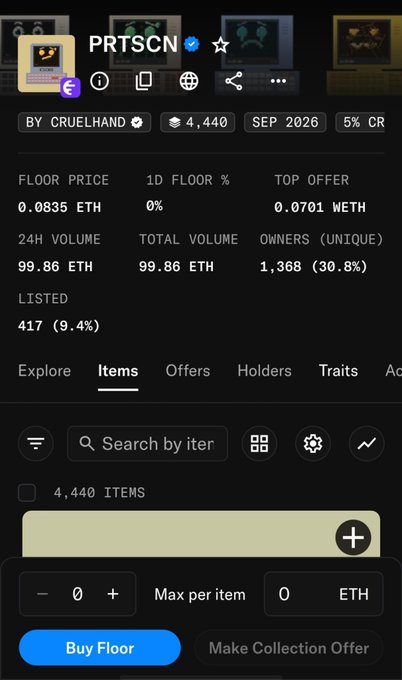 The image shows an OpenSea NFT collection page for "PRTSCN" on the Ink chain, displaying a floor price of 0.0835 ETH, 4,440 total items, and 99.86 ETH in volume—relating to the newly launched Quotrons ecosystem PFP collection with its 4,444 total supply.