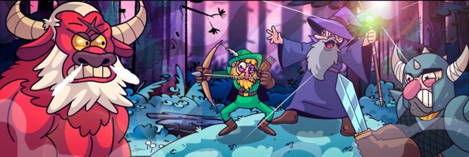 Cartoon characters including Link from Legend of Zelda, a wizard with a wand, a bull, and a Viking standing in a fantasy setting.