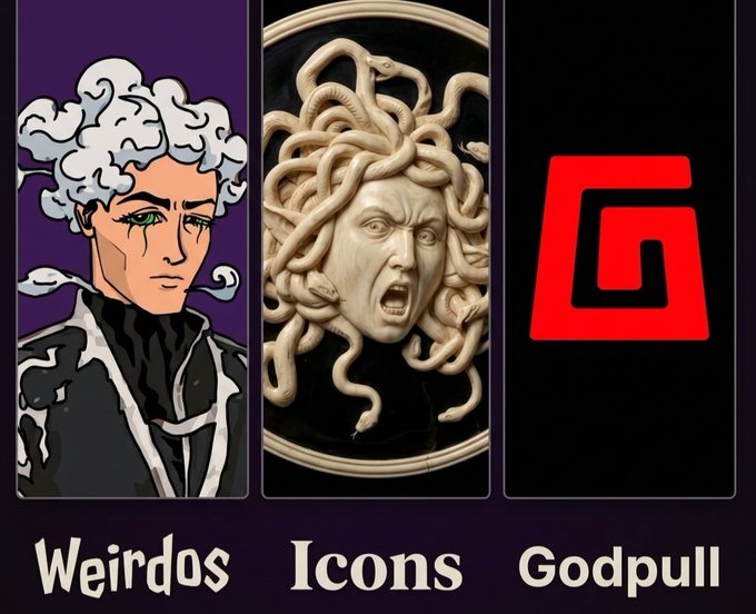 The image is a promotional graphic showcasing three NFT collections from a watchlist: "Weirdos" featuring a purple-background cartoon character with curly white hair, "Icons" displaying the famous Medusa head artwork, and "Godpull" showing a red spiral logo on black background. The graphic visually represents the three projects mentioned in the post, where the user is asking the community about whitelist (WL) spots for these upcoming mints.