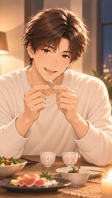 An anime-style illustration depicts a smiling young man in a white sweater holding up a small object at a dinner table with sushi and cups.