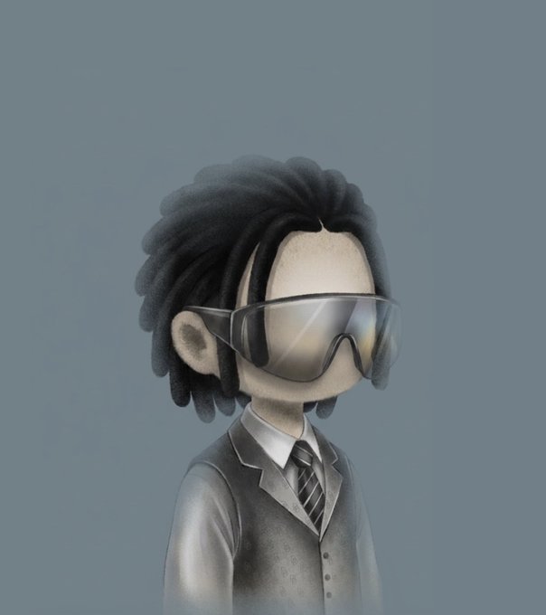 A digital illustration depicts a stylized character with dark dreadlocks wearing large reflective aviator sunglasses and a formal vest and tie against a blue background.