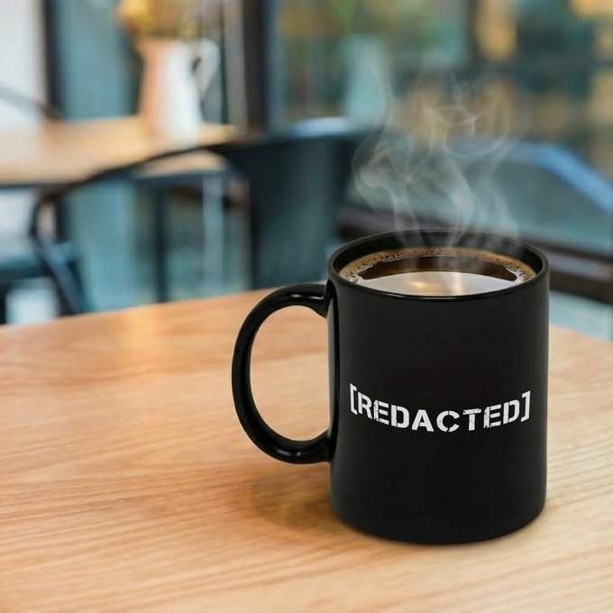 A black ceramic mug with '[REDACTED]' printed in white text, filled with steaming coffee on a wooden table in a cafe setting.