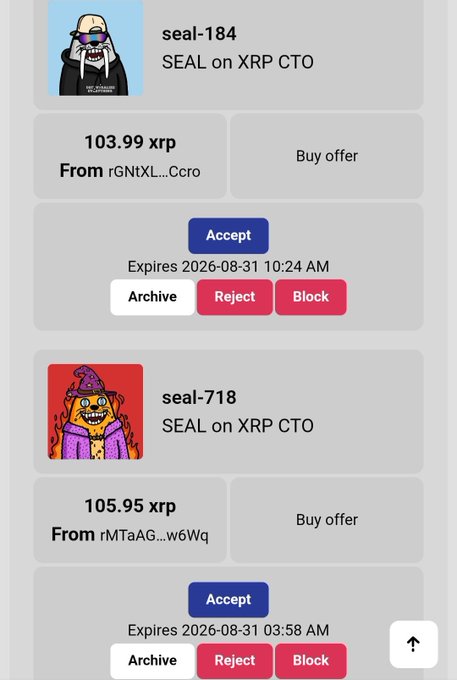 A mobile app interface displays NFT trade offers for 'seal-184' and 'seal-718' on the XRP CTO marketplace, showing prices of 103.99 XRP and 105.95 XRP with options to Accept, Archive, Reject, or Block.
