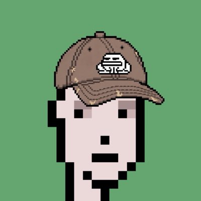 A pixel art portrait of a pale-faced character wearing a distressed brown baseball cap against a green background.