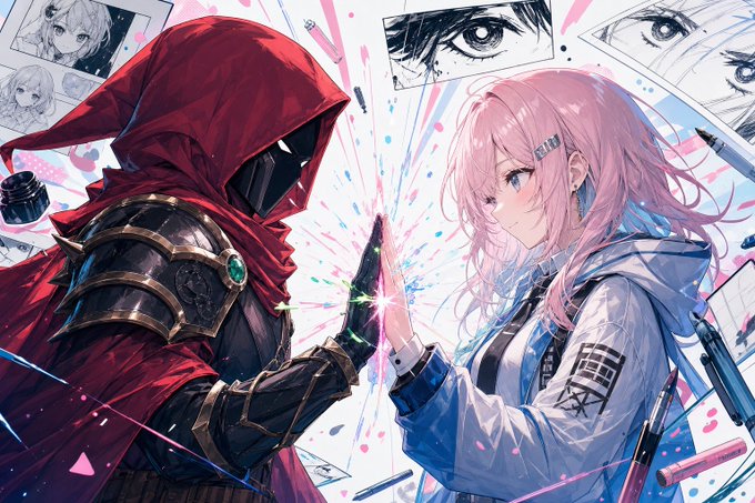 A hooded, armored figure with a red cloak high-fives a pink-haired girl in a white jacket, their hands meeting with a burst of colorful sparkles and paint splatters, surrounded by sketch panels of expressive eyes and floating art supplies. The dynamic, manga-inspired artwork embodies the creative energy and excitement of an upcoming NFT launch collaboration, showcasing the vibrant, collectible style highlighted in the post.