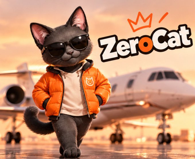 A promotional graphic for 'ZeroCat' featuring an illustrated gray kitten wearing sunglasses and an orange puffer jacket, walking in front of a private jet at sunset.