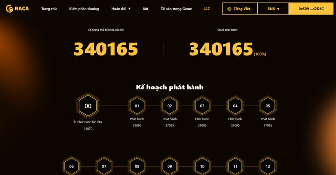 The image shows a RACA JAZ tokenomics page displaying a total and circulating supply of 340,165 JAZ tokens, along with a 12-stage release schedule plan. The webpage interface in Vietnamese displays the JAZ token metrics, relating to the post about the RACA Metamon game's JAZ token (formerly u-usm) and its potential future relisting.