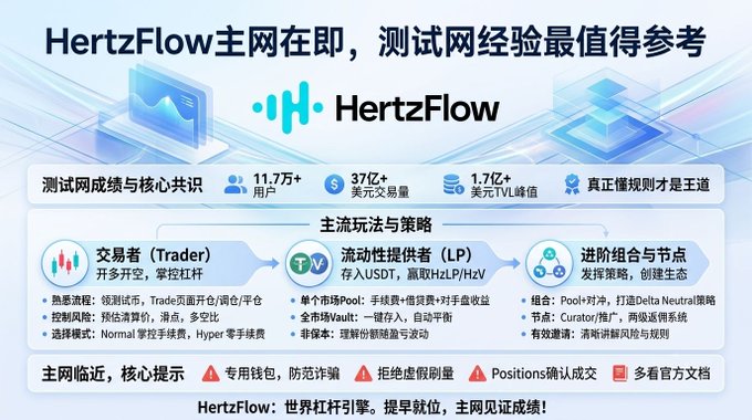 A promotional graphic for 'HertzFlow' mainnet in Chinese, displaying testnet statistics like 11.7万+ users, 37亿+ USD trading volume, and information on roles like Trader, LP, and nodes.
