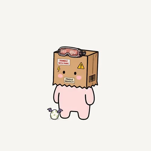 A cute cartoon character with a pink body wearing a cardboard box on its head labeled 'FRAGILE (MENTALLY)' and 'HANDLE WITH PANIC,' with a digital clock display on top.
