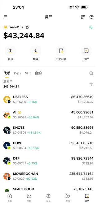 A mobile cryptocurrency wallet app displaying a total balance of $43,244.84 with various tokens including USELESS, AI, KNOTS, BOW, DTF, MONEROCHAN, and SPACEHOOD showing their prices and percentage changes.