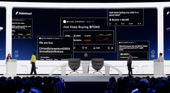 A presentation stage at the Robinhood HOOD Summit features a large digital backdrop displaying mock social media posts and crypto ticker references including $PONS (up 3.421%), $0.003 along with wallet addresses and phrases like "Just Keep Buying $PONS" and "We are live." Several speakers stand before the audience while the giant screen blends finance, crypto, and social media aesthetics — fitting the summit's tease of new products like Pons, PONS2, and Cashcat.
