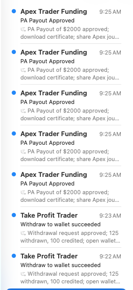A screenshot of notifications showing five "$2000" "PA Payout Approved" messages from Apex Trader Funding at 9:25 AM, along with two earlier "Withdrawal to wallet succeeded" notifications from Take Profit Trader at 9:22-9:23 AM, corresponding to the post celebrating $10,000 in total approved payouts across five accounts.