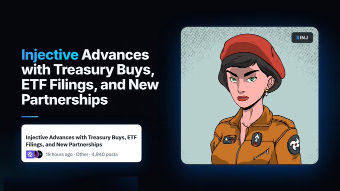 A news graphic titled "Injective Advances with Treasury Buys, ETF Filings, and New Partnerships" features a cartoon avatar of a woman wearing a red beret with the "SINJ" label.