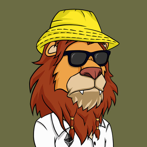 A cartoon illustration of a lion with a braided mane wearing a yellow straw hat, black sunglasses, and a white shirt against an olive green background.