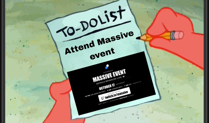 Simpsons-style illustration of a 'To-Do List' reading 'Attend Massive event' with a flyer for Twitch.tv/massive on October 17.