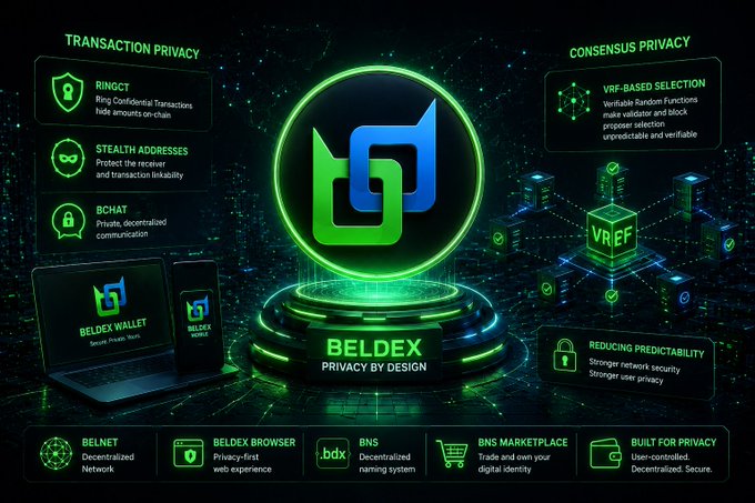 A promotional graphic for 'BELDEX - Privacy by Design' cryptocurrency, highlighting features like transaction privacy (RingCT, Stealth Addresses, BCHAT) and consensus privacy (VRF-based selection).