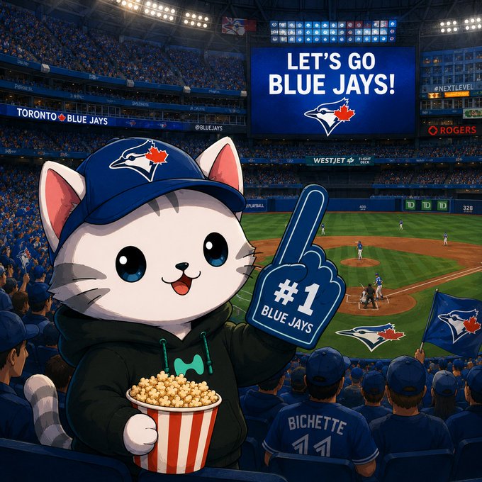 AI-generated illustration of a cute white cat wearing a Blue Jays cap, holding a #1 foam finger and popcorn bucket at a Toronto Blue Jays baseball game.