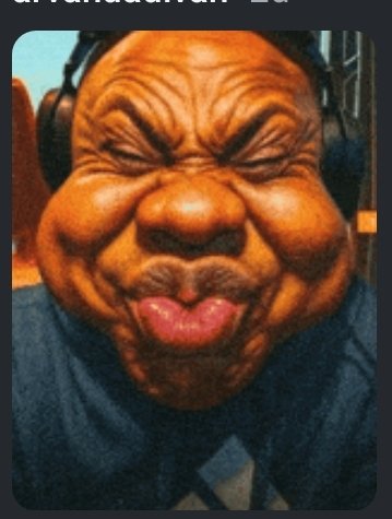 A distorted, exaggerated close-up portrait of a man with pronounced facial features wearing headphones, displayed within an Instagram-style frame.