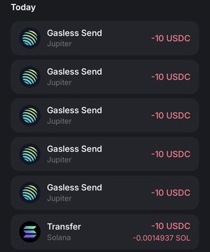 A transaction-history screenshot titled “Today” shows six “Gasless Send” entries on Jupiter and one “Transfer” on Solana, each displaying “−10 USDC” (the transfer also shows “−0.0014937 SOL”), totaling $100 sent out. This aligns with the post announcing $100 sent to giveaway winners.
