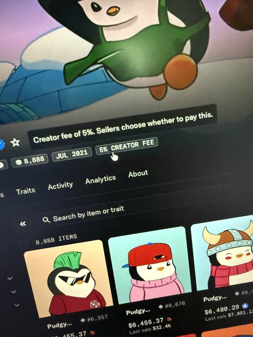 A screenshot of an NFT collection page showing Pudgy Penguins with a '5% CREATOR FEE' tooltip, displaying creator fees and seller payment options.