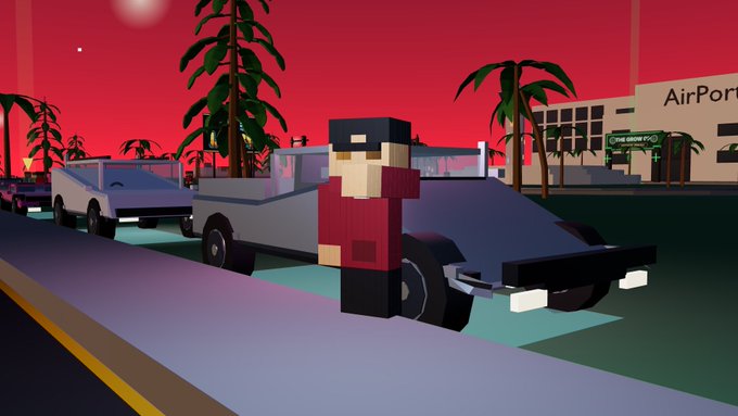 A pixel-art style video game scene featuring a bearded character in a red coat standing beside a dark car, with an 'AirPort' terminal visible behind palm trees under a red sky.