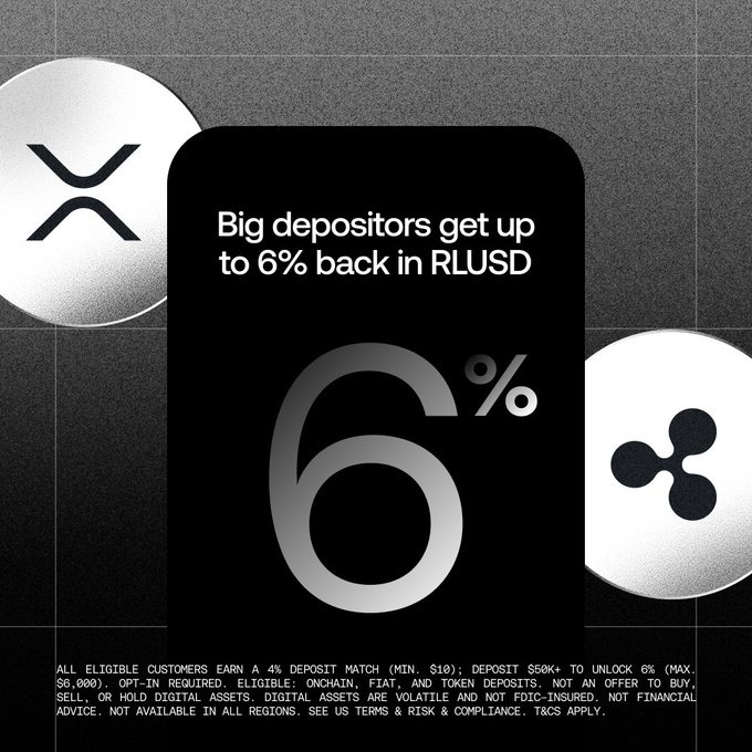 "Big Depositors Get Up To 6% Back In Rlrdsds", "ICYMI: Deposit Match Is Now Live In The US → Opt In & deposit $10+ → OKX will match up to 6% Use those RLUSD rewards to fund trades, power a trading bot, or build your next position."